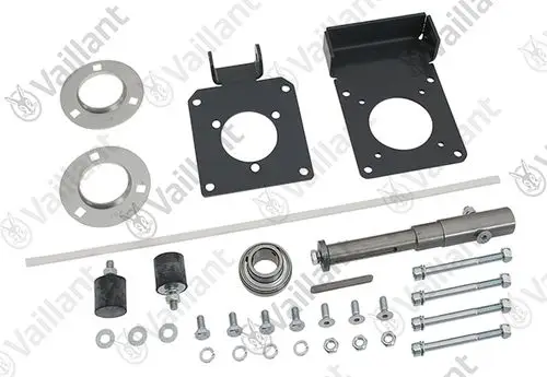Vaillant Umstellsatz mit verschiedenen Metall- und Kunststoffteilen, einschließlich Halterungen, Schrauben und Dichtungen, angeordnet auf einem weißen Hintergrund.